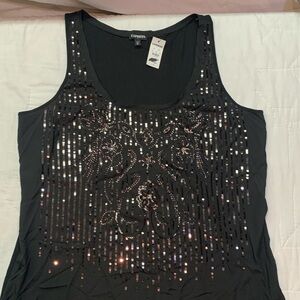 NWT Express Black Sequin Cami Tank Top | Women's Size XL Rayon Detailed Design